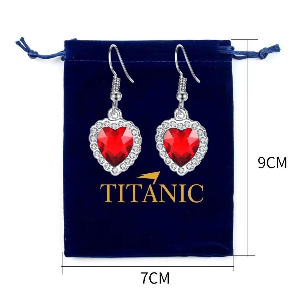 Ocean Heart Titanic Blue Pendant Necklace+Velvet Bag New Fashionable Sparkling Full Diamond Eternal Love Red Sweater Chain