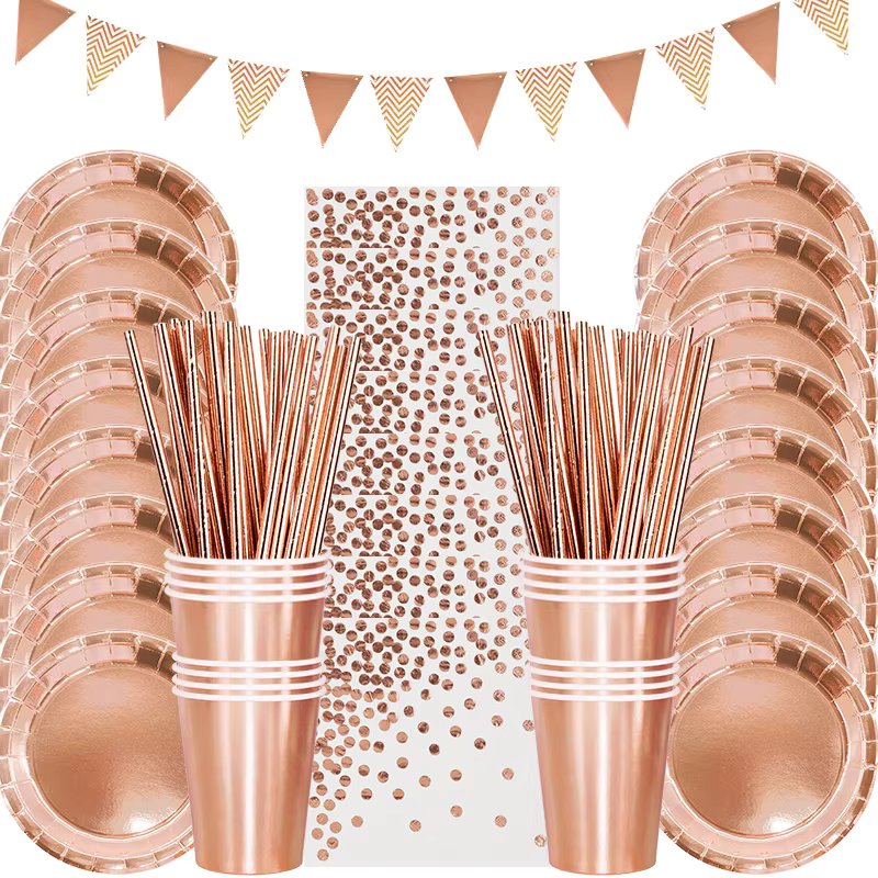 Rose Gold Party Disposable Tableware Set Paper Plate Cup Kids Adult Birthday Wedding Bachelorette Party Decoration Baby Shower