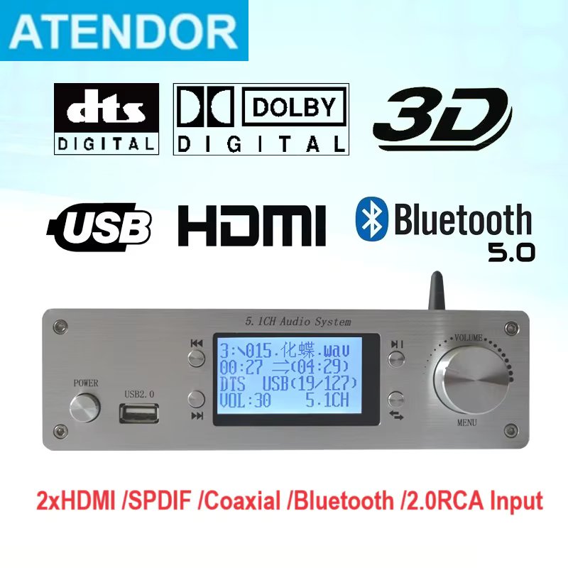5.1CH Digital Audio System HDMI-compatible Switch 2x1 Audio Extractor DTS Dolby 5.1 Decoder Bluetooth Player SPDIF AUX Coaxial