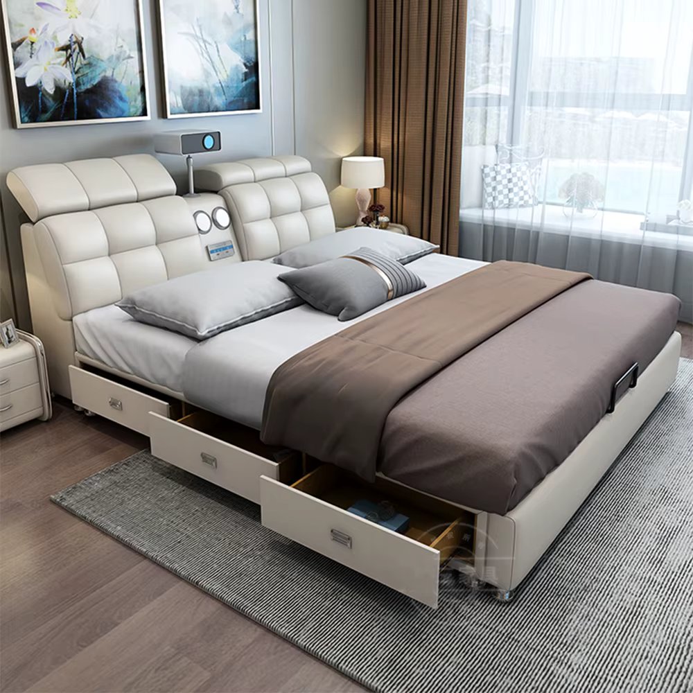 Linlamlim Ultimate Tech Smart Bed - Multifunctional Bedframe with Genuine Leather and Bluetooth Speaker, Drawers, Projector, USB