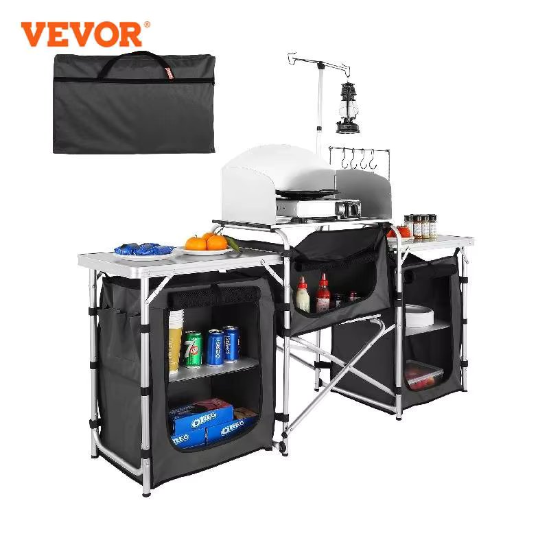 VEVOR Camping Outdoor Kitchen Table Cabinet Foldable Folding Cooking Storage Rack X-Shaped Aluminum Alloy Bracket for BBQ Picnic