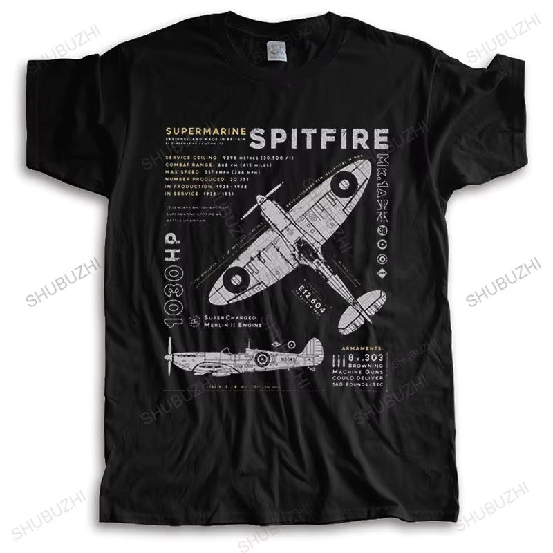 Supermarine Spitfire MK T Shirt Men Cotton Tee Fighter Plane WW2 War Pilot Aircraft Airplane Tshirt Short-Sleeve Fashion T-shirt
