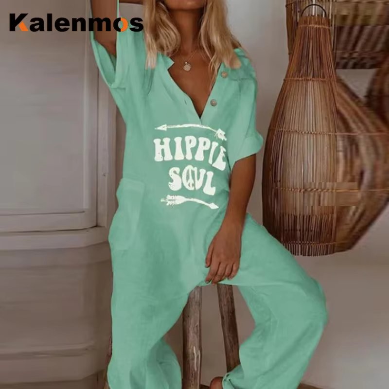 Jumpsuit Women Overalls Letter Print V Neck Cotton Linen Bodysuits Loose Trousers Summer Romper Sexy Streetwear Elegant Bodysuit