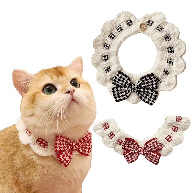 Elegant Pearl Cat Dog Collar Jewelled with Silk Ribbon Scarf Pendant Pet Bowtie Necklace for Puppy Kitten Bow Accessories Bowtie