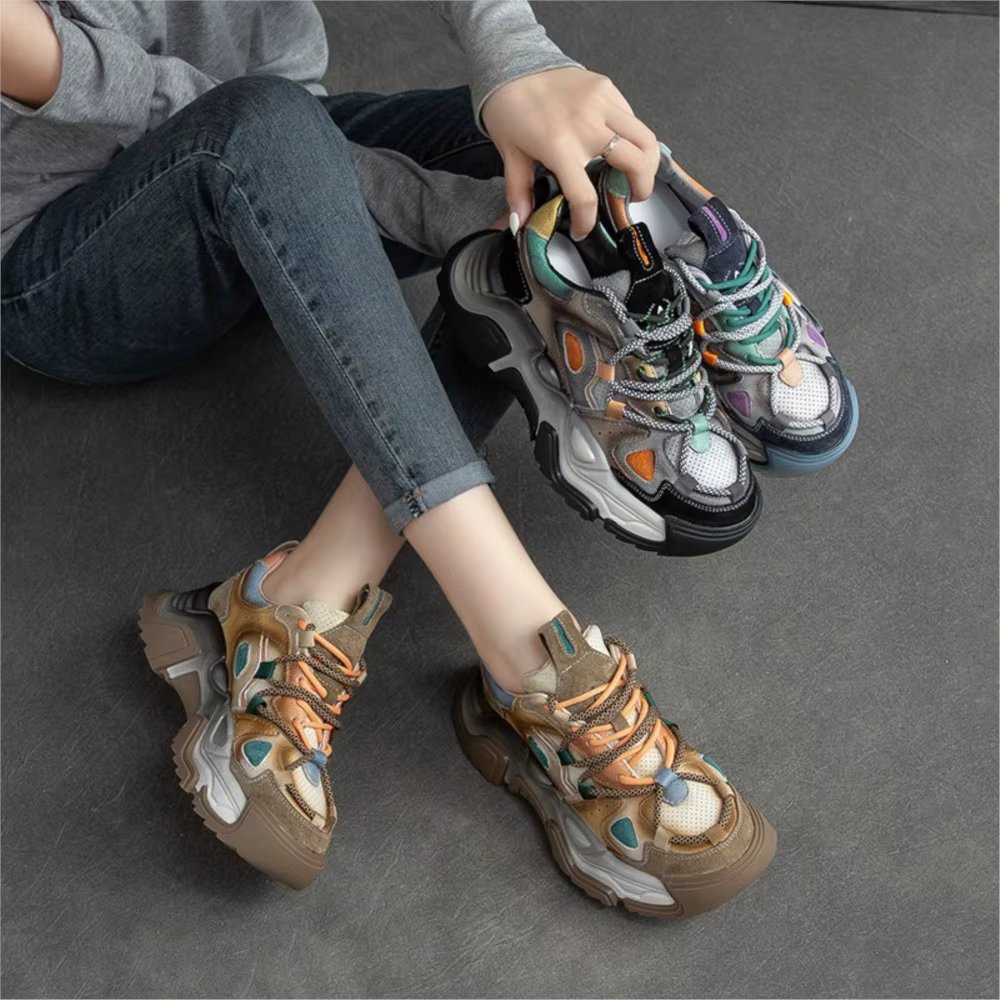 GKTINOO Platform Sneakers Women Genuine Leather Mixed Colors Round Toe Lace-Up Thick Sole Flats Ladies Shoes Handmade