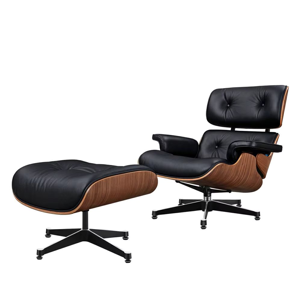 EU Stock TY323 XL Classic Recliner Light Walnut Armchair With Black Cowhide Black Big Head Foot Swivel Lounge Chair Furniture