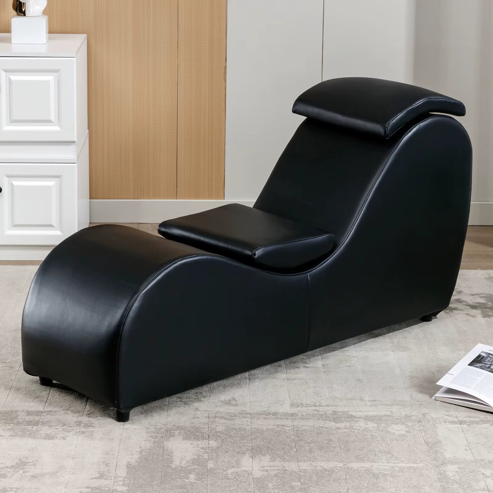 Curved Yoga Chaise Lounge for Adult Stretching, Exercising and Relaxing, Indoor Lounge Chair with Adjustable Head Cushion