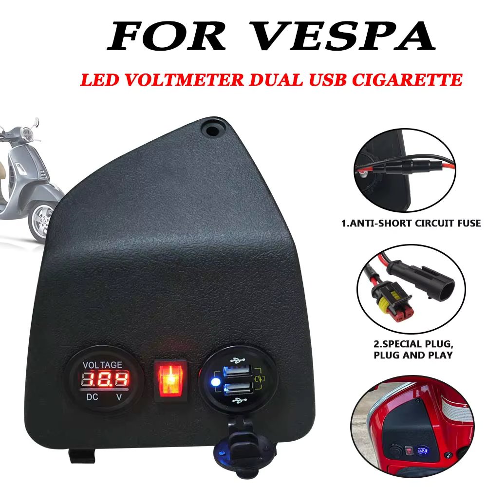 For VESPA GTS300 GTS250 GTV300 GTV250 GTS 300 GTS 50 125 150 HPE Motorcycle LED Voltmeter Dual USB Cigarette Lighter Charger