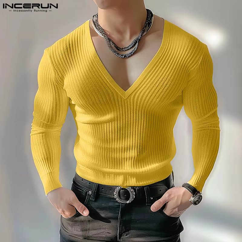 Handsome Well Fitting Tops INCERUN 2024 Men's Solid V-neck Knitted T-shirts Summer Casual Streetwear Long Sleeved Camiseta S-5XL