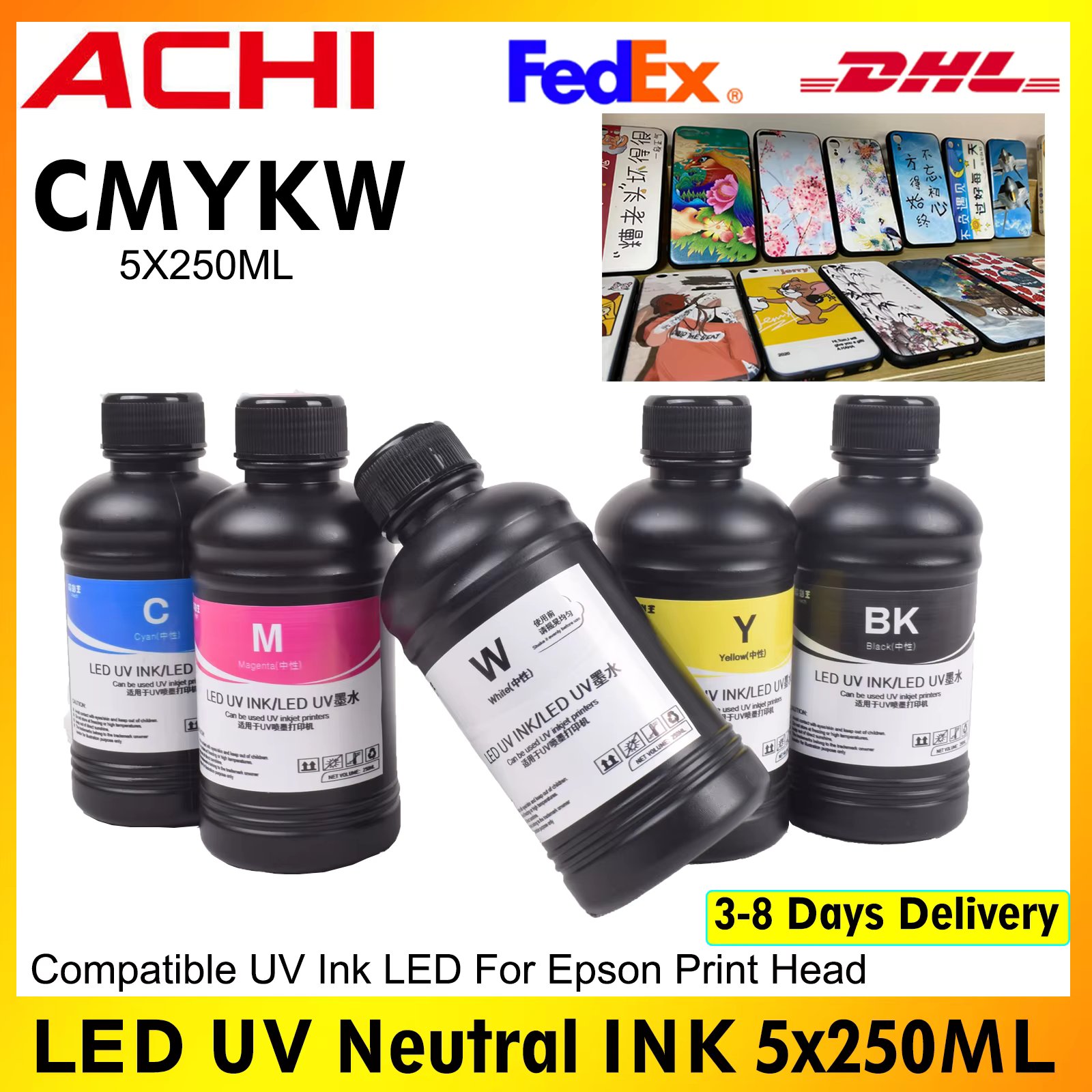 US STOCK LED UV Ink for UV Printer 1390 L1800 L800 XP600 TX800 L805 UV Flatbed Printer 250ML/500ML CMYKW UV Neutral Ink