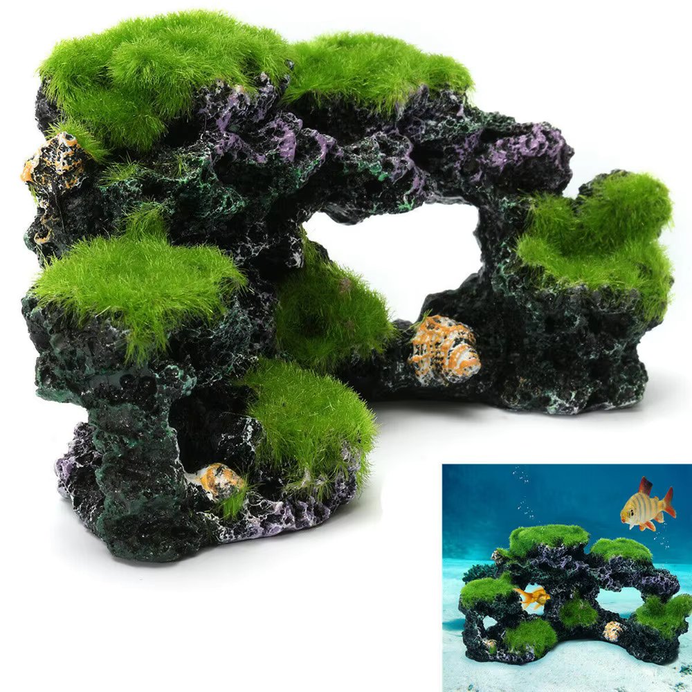 Resin Green Rockery Aquarium Decor Artificial Mountain Coral Reef Rock Cave Stone Moss Fish Tank Ornament Decoration S/L