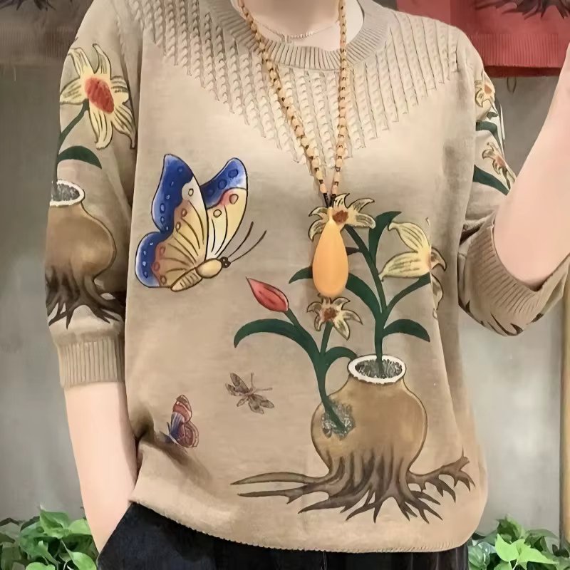 Spring Autumn New Fashion Elegant Round Neck Long Sweater Casual Versatile Western Printed Comfortable Clothing Women's Pullers