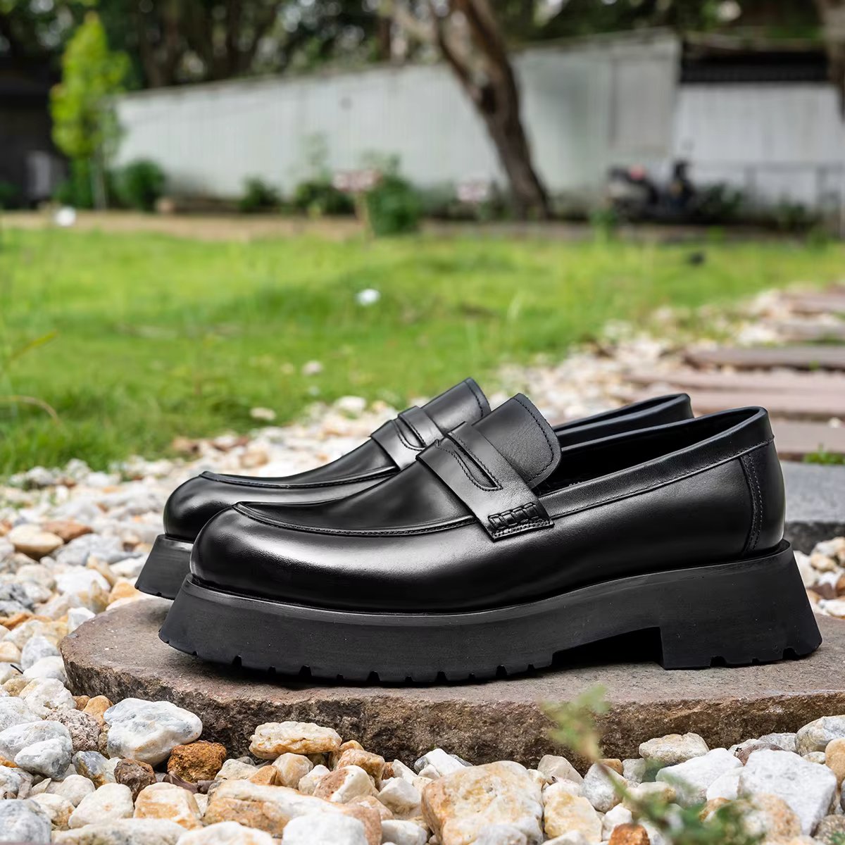 Hanmce Business Casual Breathable Fashion Handmade Male Round Toe Thick Platform Genuine Leather British Style Loafer Shoes