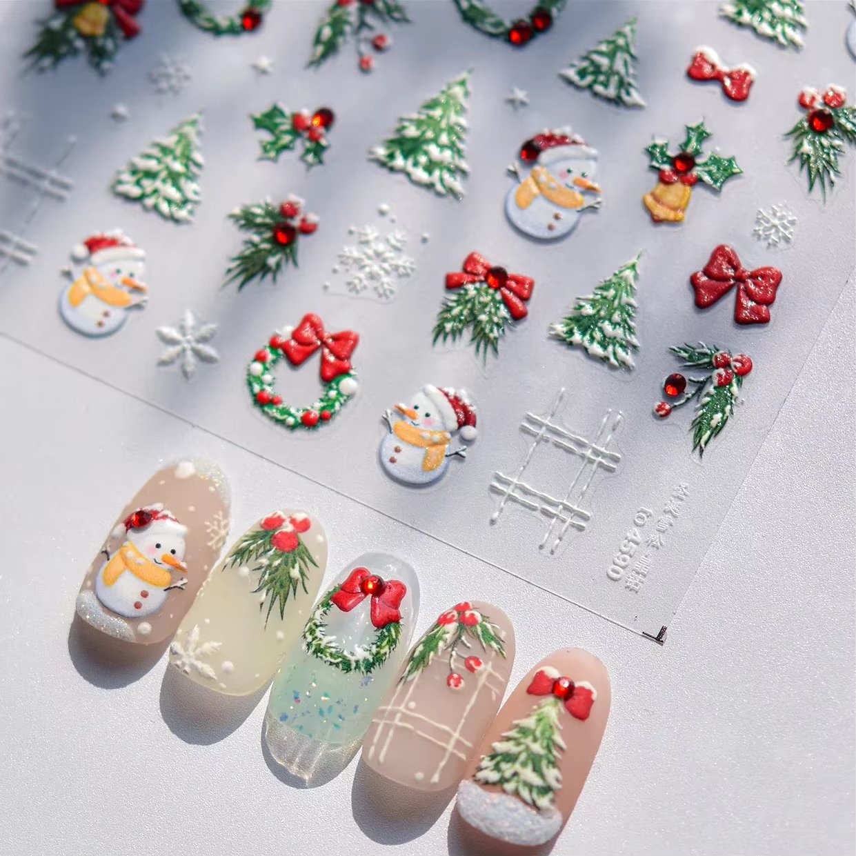 Snowman Red Bowknot Grid Christmas Tree Plant Garland Wreath Ilex Cornuta Bell Winter Snowflake Nail Art Stickers Manicure Decal