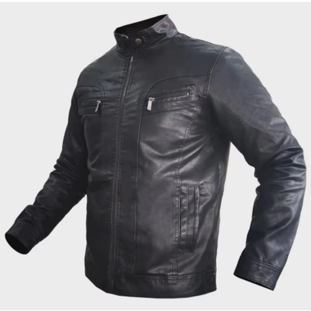 Black Slim Fit Men's PU Leather Motorcycle Jacket