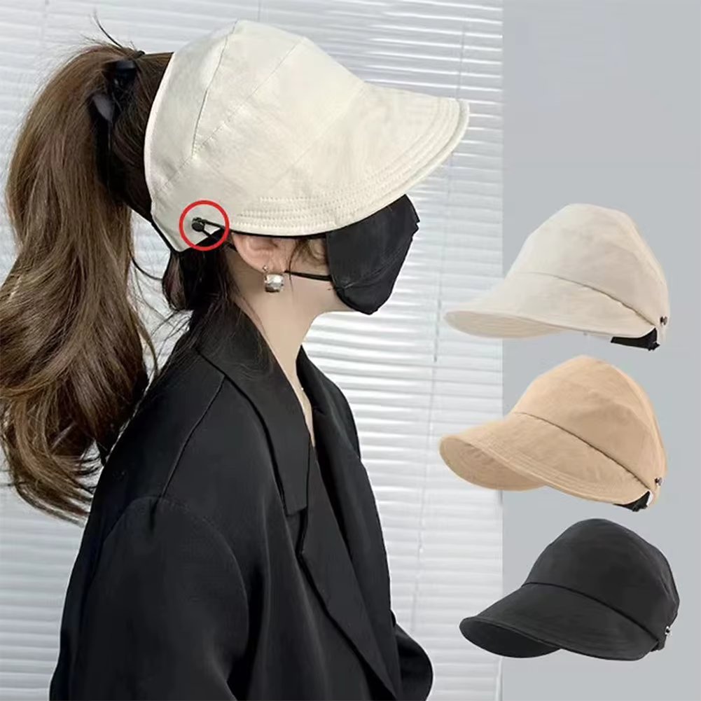 2024 Summer Wide Brim Hollow Top Sun Visors Hat Empty Top Adjustable Cap Face Mask Hook Design Hat UV Protection Ponytail Caps