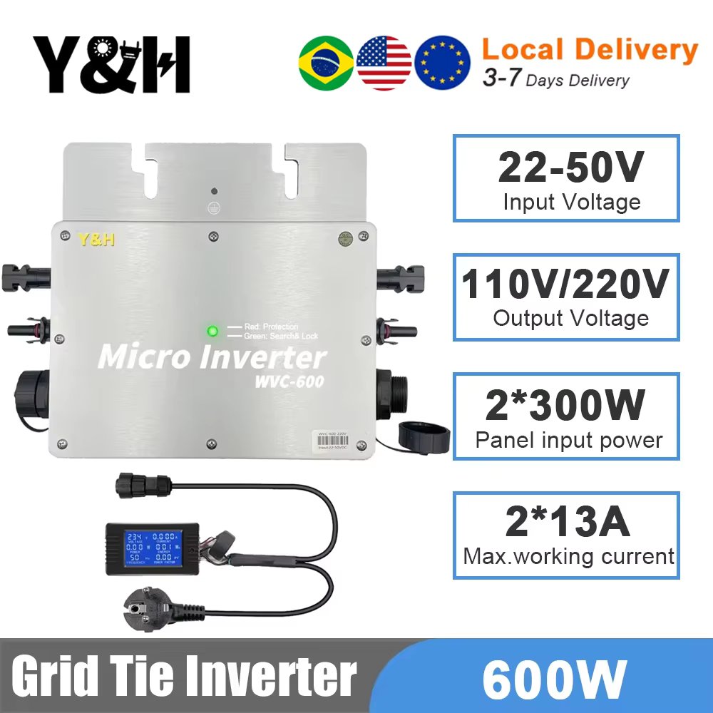 Y&H 600W Solar Grid Tied Inverter MPPT Solar Micro Inverter DC28-50V PV Input AC180-260V Output with LCD Waterproof IP65
