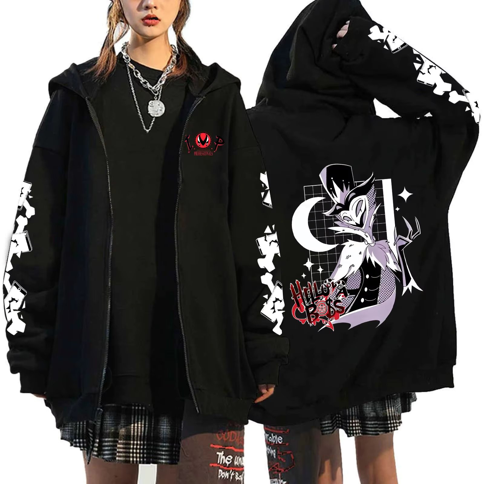2024 Helluva Boss New Devil Black Men's and Women's Animation anime Leisure Fans 2d Printed Zipper Hoodie