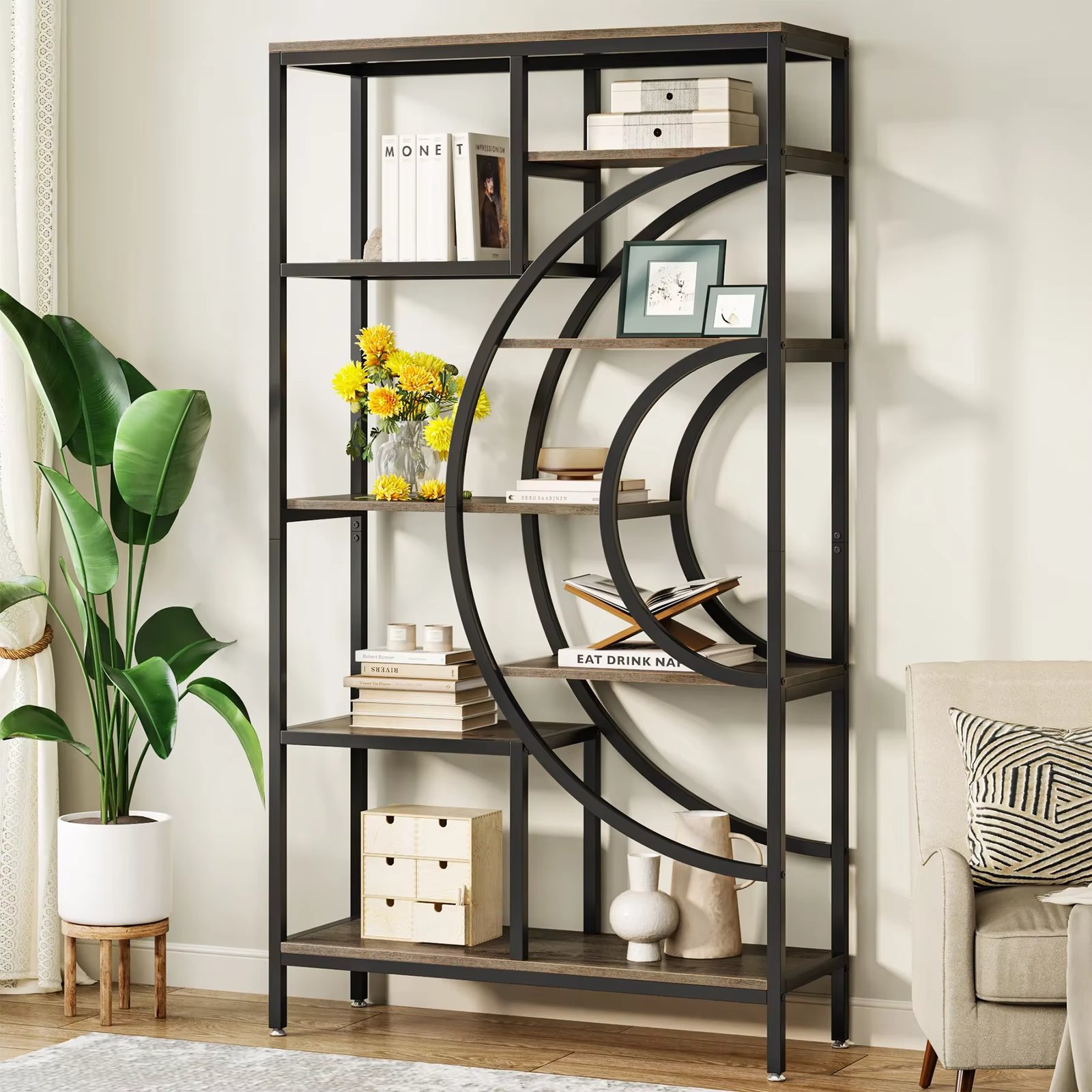 Tribesigns 71 inches Geometric Bookcase, 8-Tiers Bookshelves, Rustic Bookcase with Metal Frame, Freestanding Open Shelving