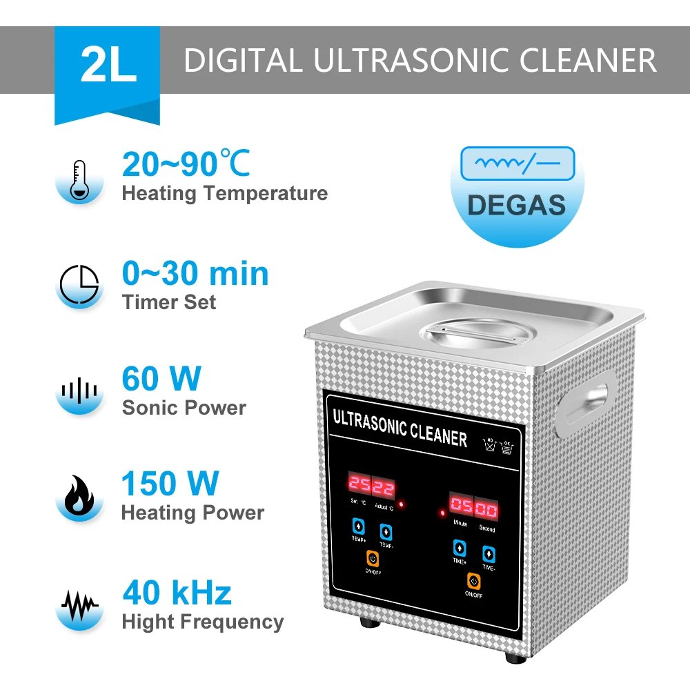 Ultrasonic Cleaner Bath 2L 120W with Degas Heater Timer Digital Display Stainless Basket Diswasher Ultrasound Home Appliances
