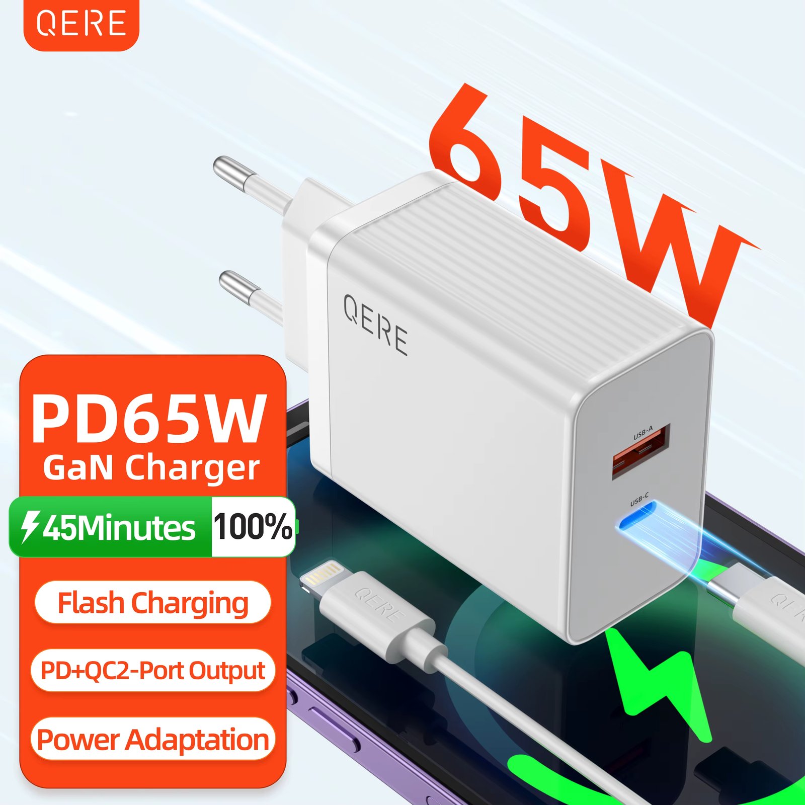 QERE Fast Charger PD 65W GaN Phone Universal Adapters EU Plug Safe Type C USB Intelligent Lightning Fast Charging Mini Portable