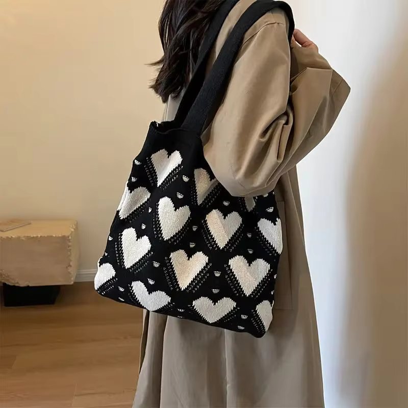 Love Pattern Handbag New Knitted Women's Bag Large Capacity Weaving Tote Bag Street Trend Shopping Shoulder Bag , Travel Bag