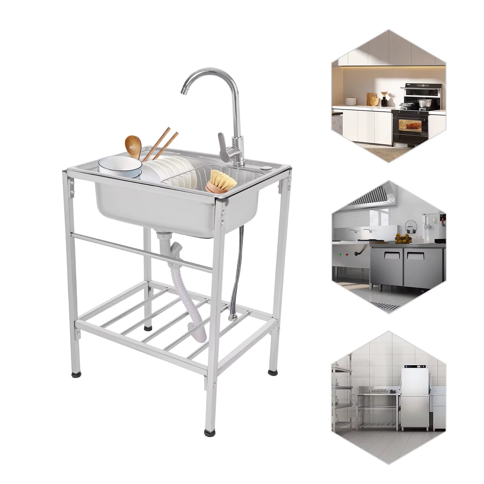 Stainless Steel Sink Commercial Kitchen Sink, Single Bowl Commercial Sink，with Basket, Free Standing Cold & Hot Faucet Sink