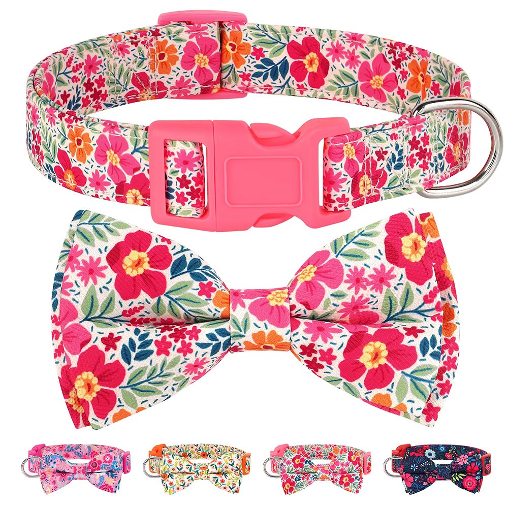 Bowknot Floral Dog Collar Nylon Flower Pet Dogs Collar Padded Puppy Collars Adjustable for Small Medium Large Dogs Pug Chihuahua