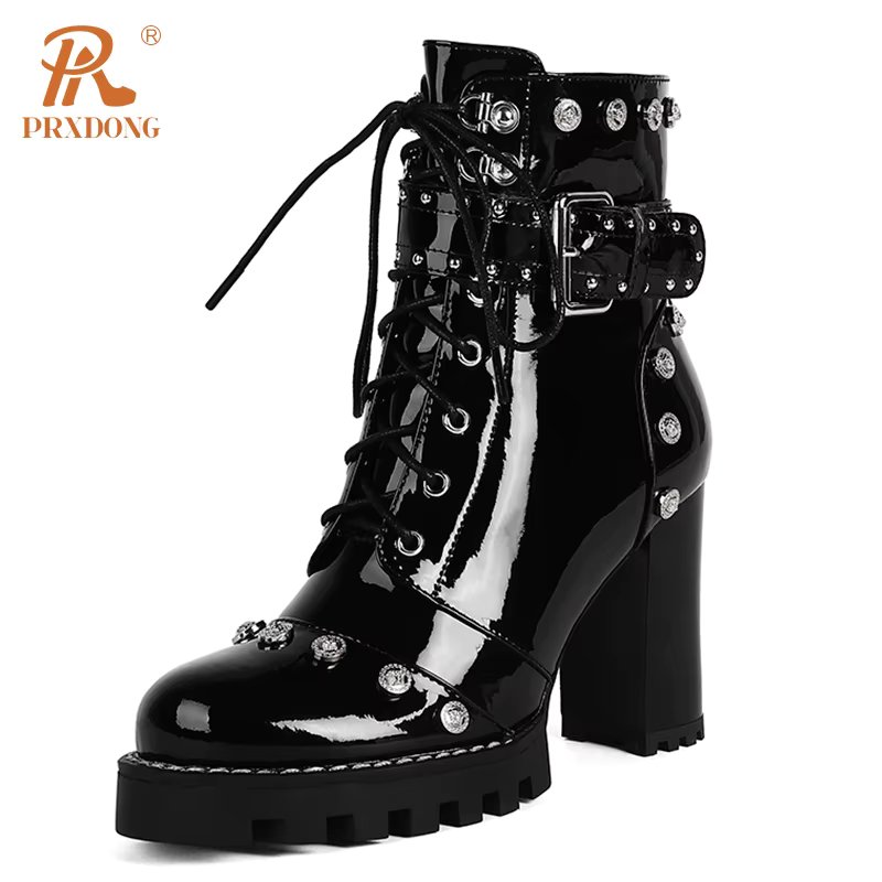 Genuine Leather Ladies Boots High Heels Thick Platform Women Ankle Boots Rivets Lace Up Zipper Punk Gothic Female Shoes Big Size