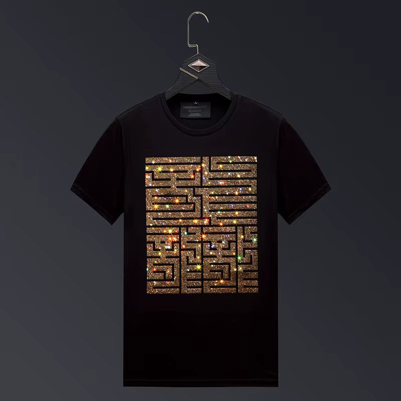 Casual Short Sleeve T Shirts Men Summer Clothes Chinese Characters Rhinestones Fashion Streetwear O Neck Cool Cotton T-shirts