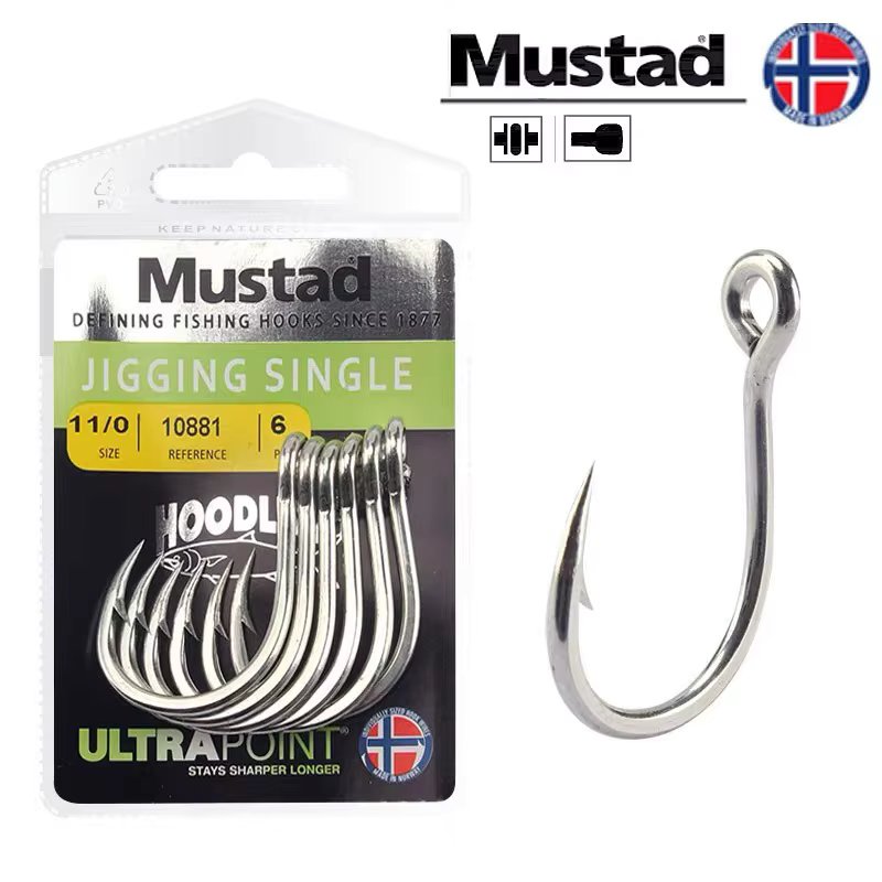 Original Mustad Hooks 10881 Fishing Hooks Jigging Hook Single Ocean Jig Big Barbed With Hole Hook Squid Carp Hardbait Hook Pesca