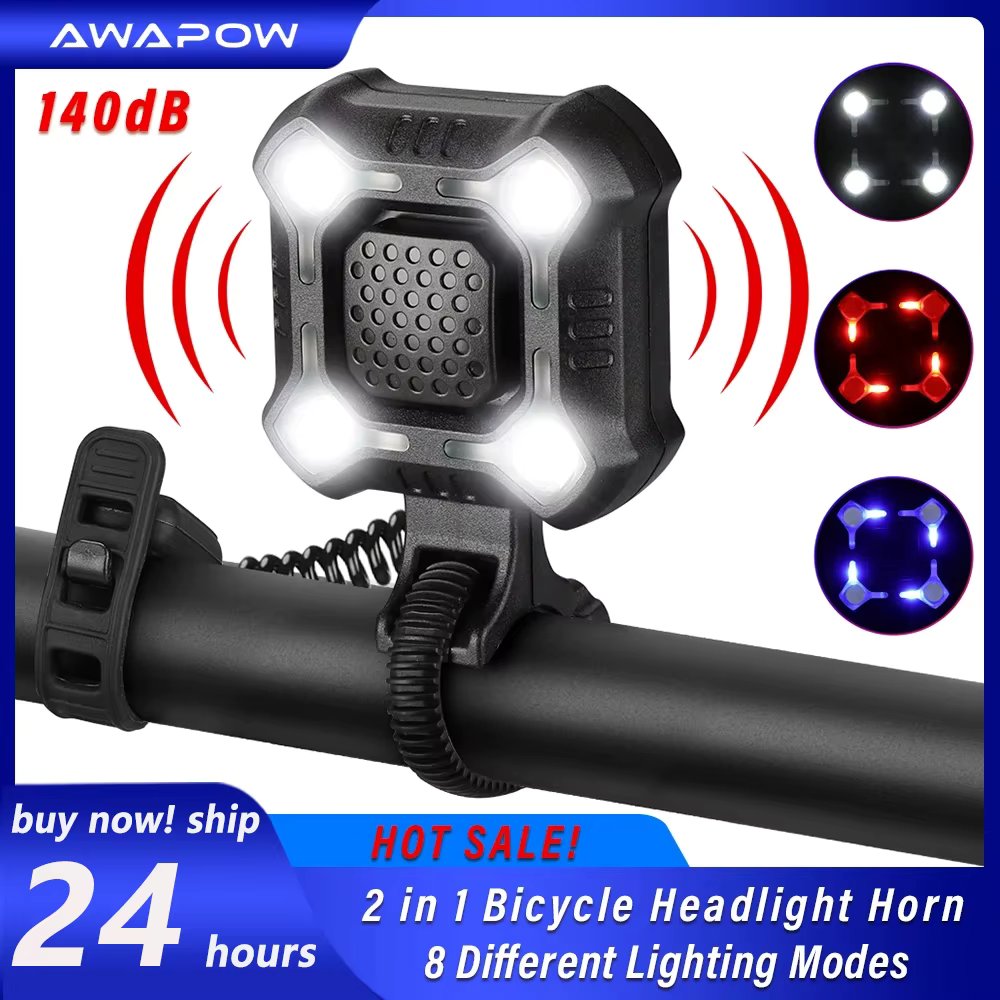 Awapow Bicycle Light Electronic Bell 140dB Bike Alarm Horn USB Charge Cycling Warning Lamp Cycling Headlight Safety Riding