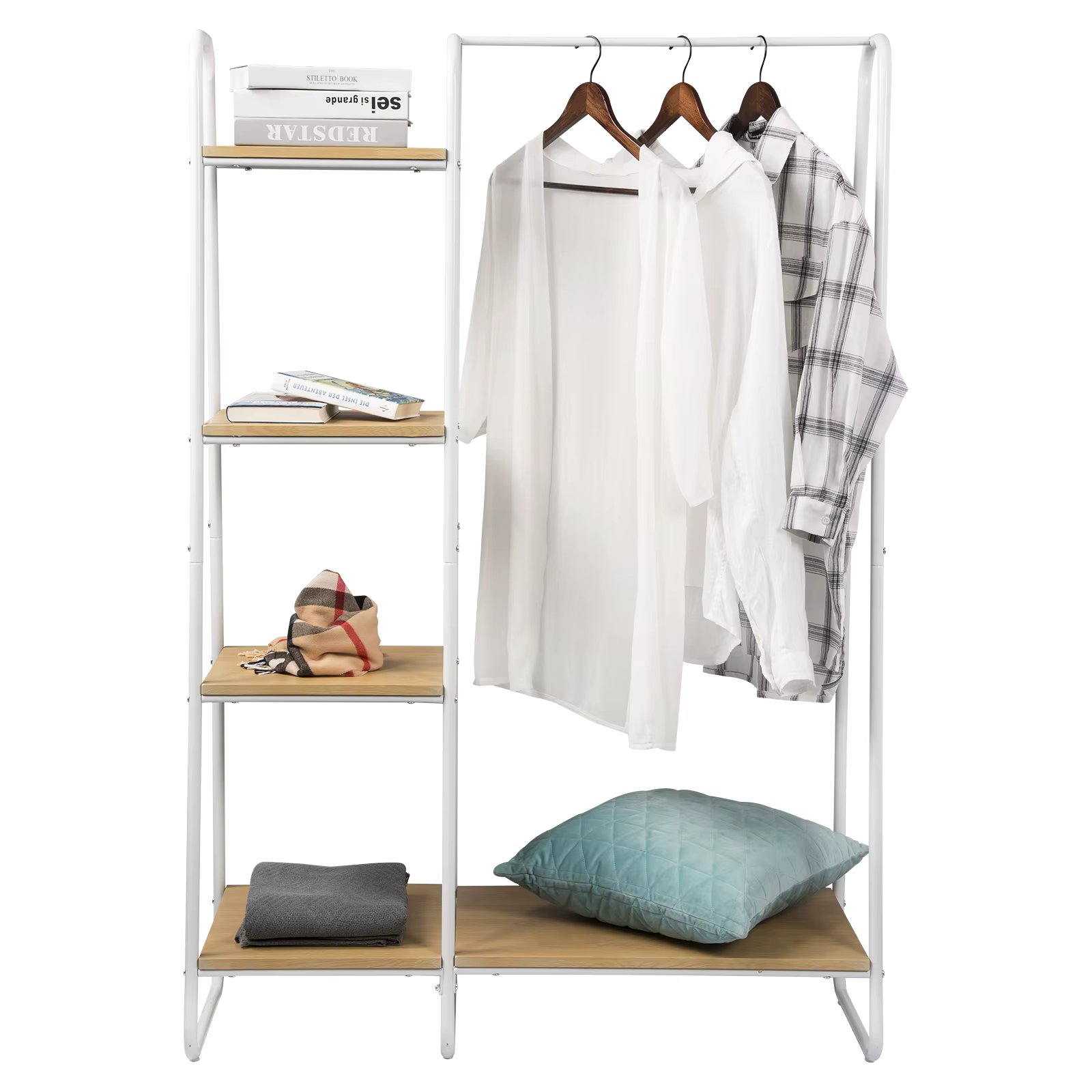 102x40x150cm Hanger Stand Coat Rack Clothes Rack Stand Hanging Quilt Shoes Bags Organizer with 4 Shelves Home Furniture