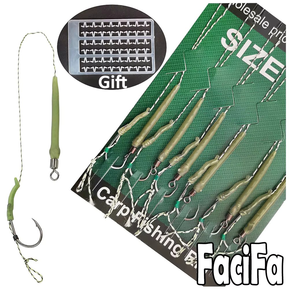 6 Pcs Carp Fishing Accessories Hair Rig Fishing Hook 1set Ready Made Tied Boilie Hook with Fishing line Anti Tangle Sleeve