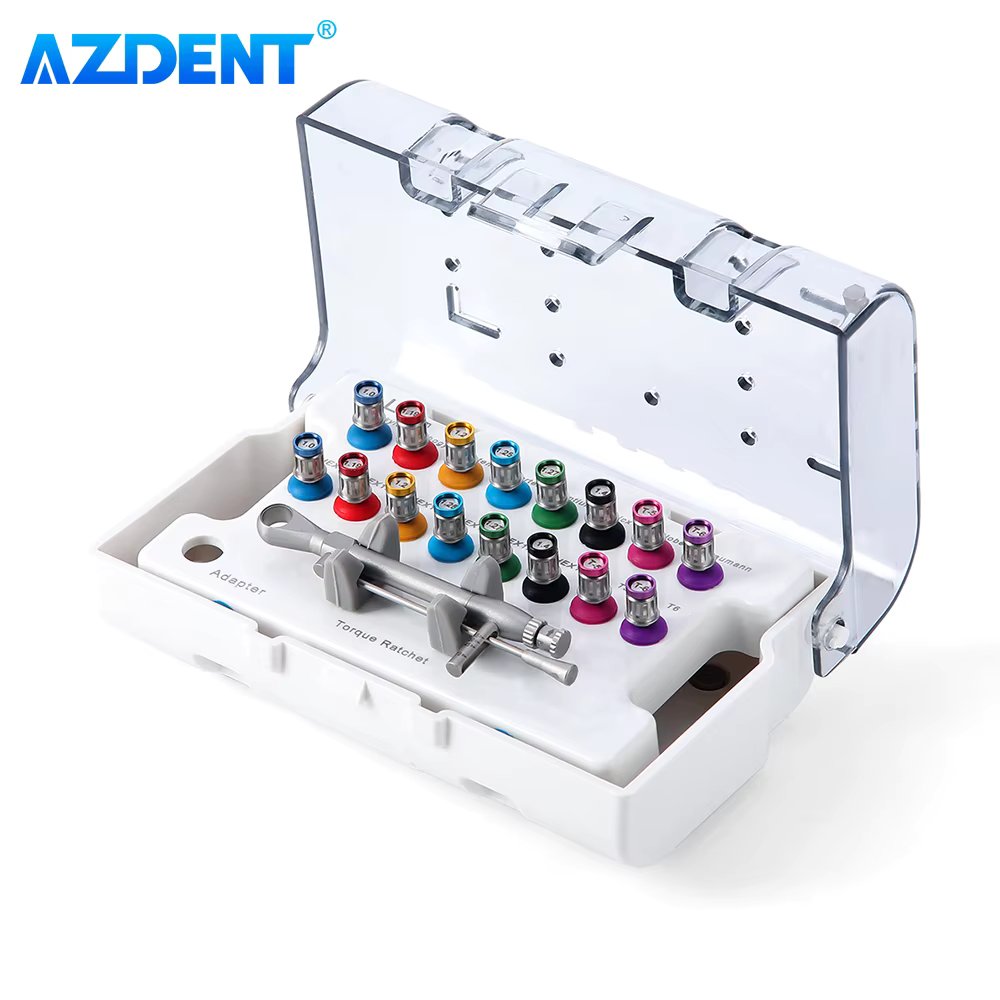 AZDENT Dental Implant Torque Wrench 16pcs Hex Drivers Set Screwdriver Ratchet 15-70Ncm Long and Short Sterilized Dentistry Tools