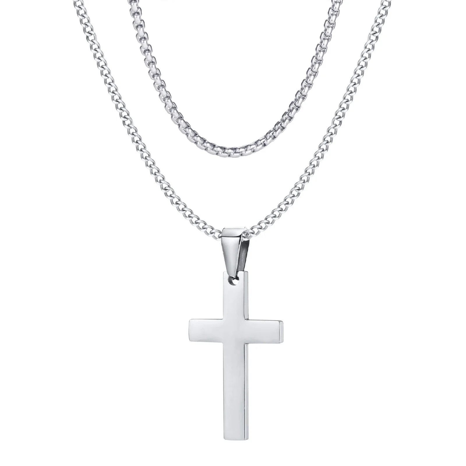 Vnox Layered Stainless Steel Cross Pendant Necklace for Men Women, Minimalist Jewelry Plain Cross Christ Faith Necklaces Gift