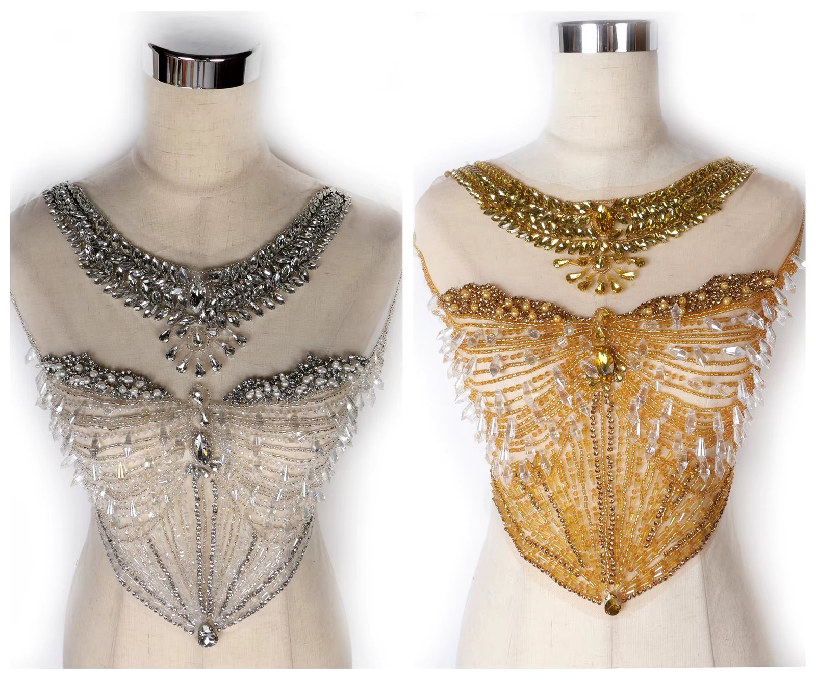 La Belleza beautiful sewon neck bodice applique, gold  silver crystal rhinestone applique Patch for bridal prom dress