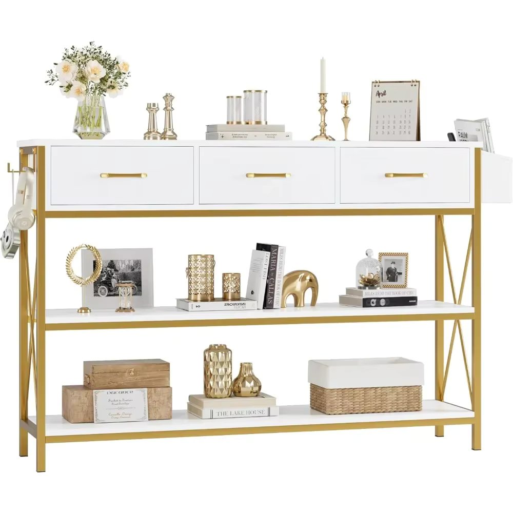 47.2" Console Table with 3 Drawers, Narrow Long Entryway  with 3-Tier Storage Shelves, Industrial Sofa FoyerT able forLivingRoom