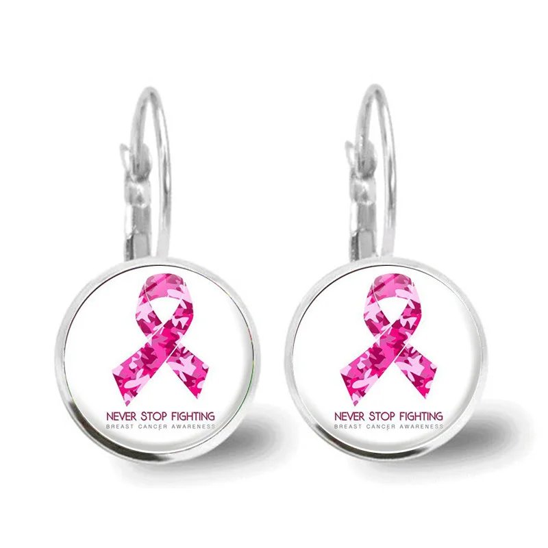 Popular Jewelry Glass Pendant Alloy Earrings Pink Ribbon Earrings Prevention of Breast Cancer Caring for Women Gifts for Friends