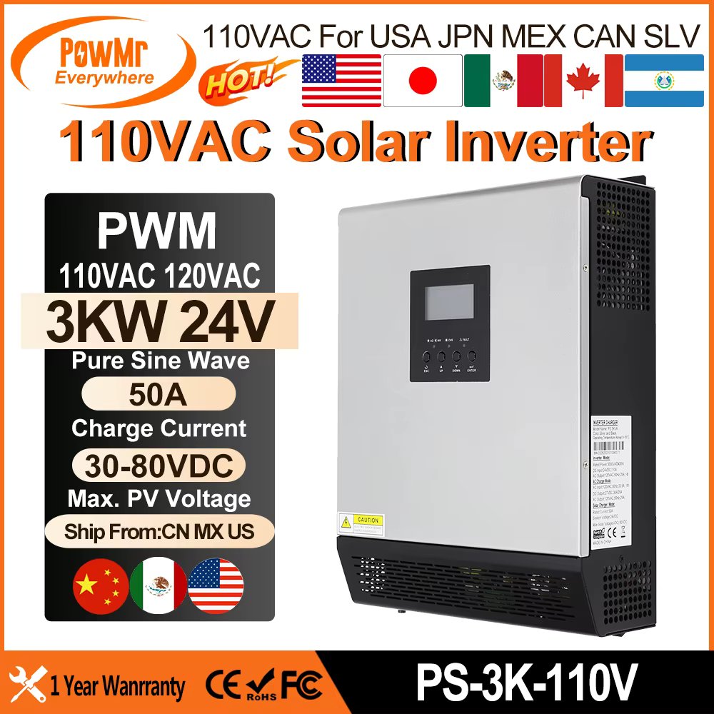PowMr 3KVA Hybrid Solar Inverter 24VD to 110VAC Output Pure Sine Wave 50A PWM Solar Charger Controller For Solar Panel 80VDC