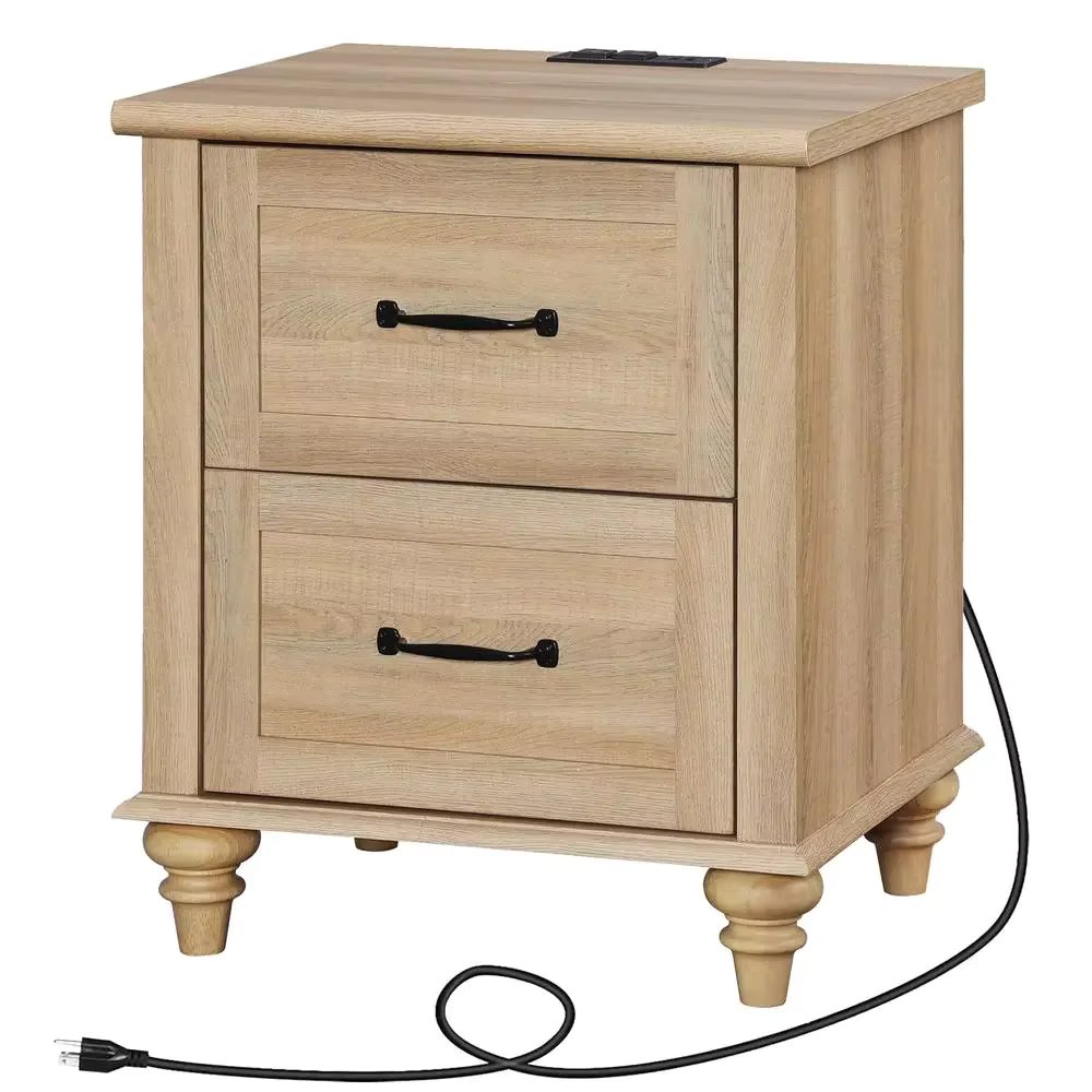 Nightstand Charging Station End Table 2 Drawers Wood Legs Bedroom Rustic Oak Storage Organizer Farmhouse Style Smartphone Laptop