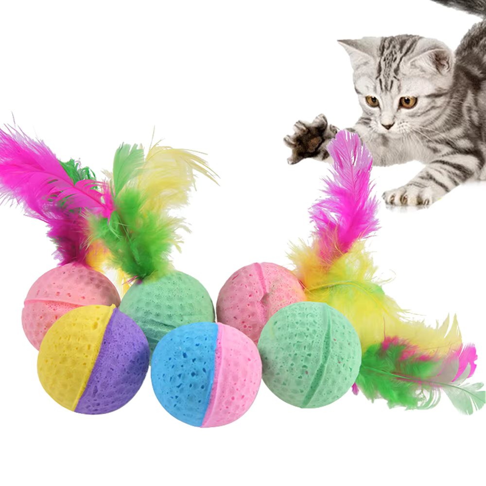 10PCS Latex Foam Ball with Feather Interactive Ball Kitten Pet Cat Toy