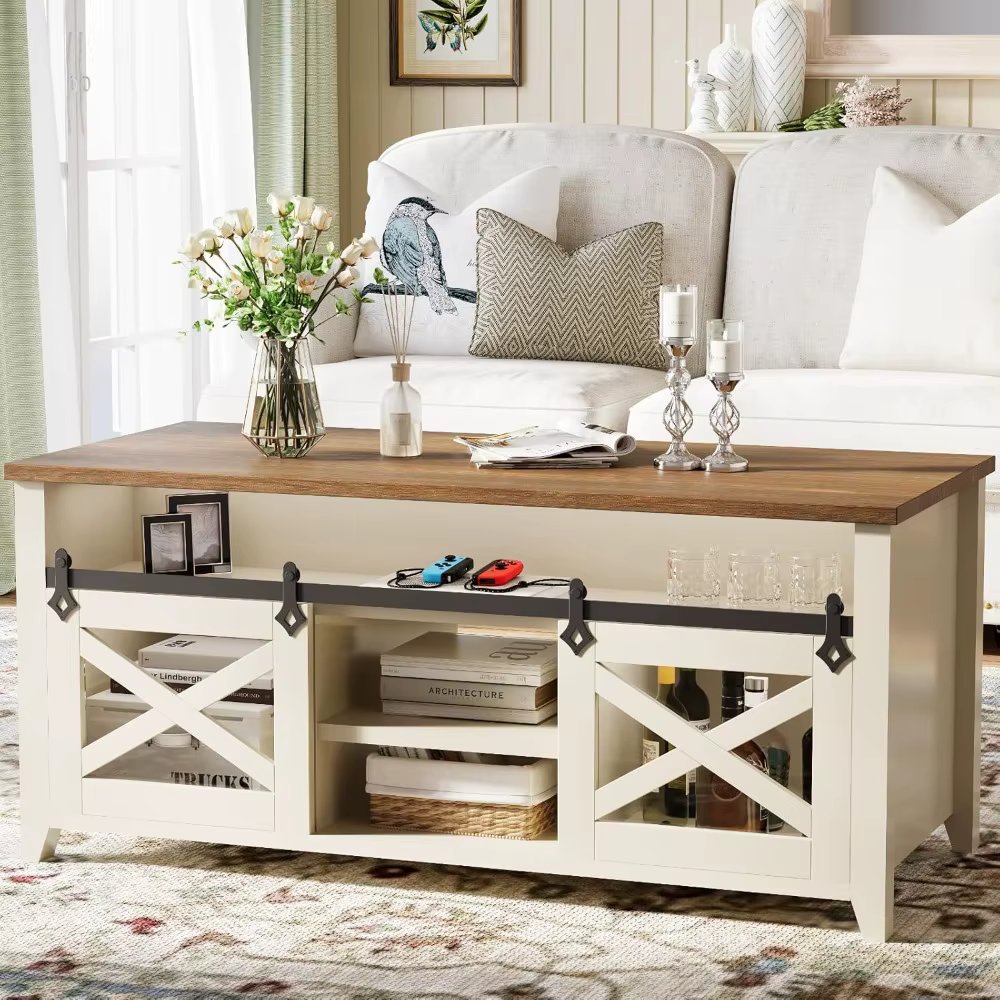 Farmhouse Coffee Table - 41.7" High Gloss Living Room Table with Sliding Barn Door, High Glossy Desktop Coffee Tables with Stora