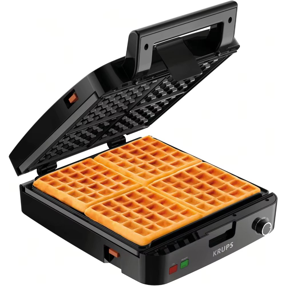 Breakfast Set Stainless Steel Waffle Maker 4 Section 1200 Watts Square, 5 Browning Levels, Removable Plates, Dishwasher Safe