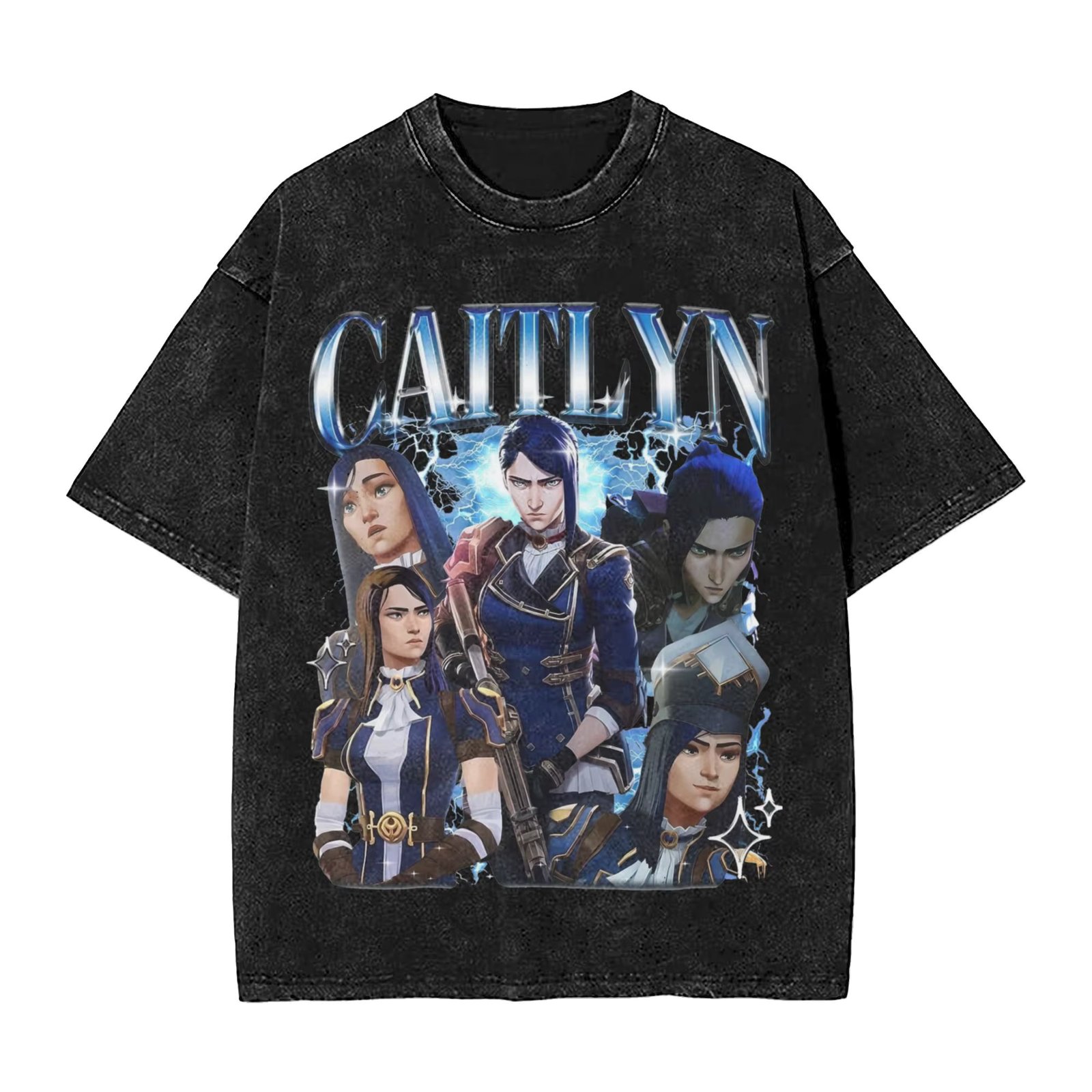 Arcane Caitlyn Arcane game movie  T Shirts Hip Hop Washed Short Sleeve Oversize T-Shirts  Retro Men Women Streetwear Tees