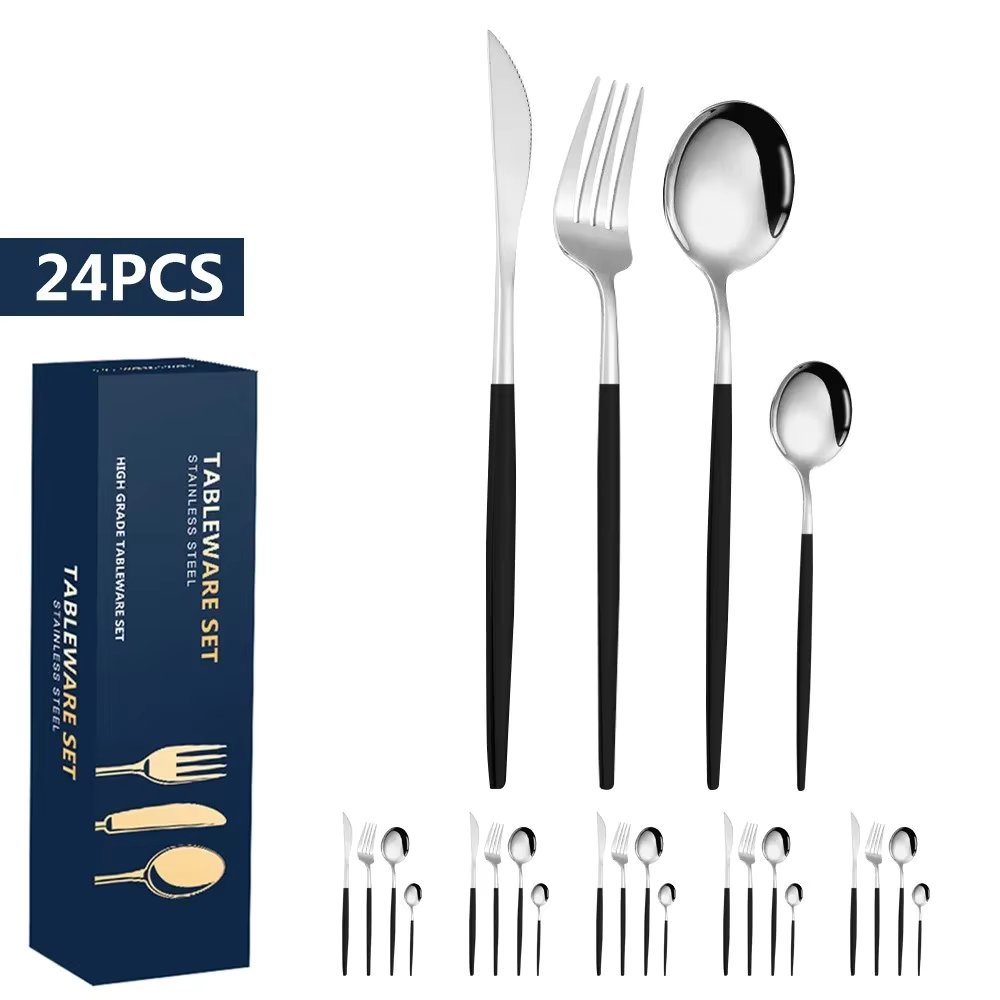 European stainless steel tableware with thickened knife, fork, spoon cover, 4 sets, 6 people, hotel and home use