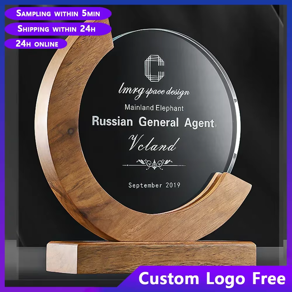 Free Customized Round Crystal Trophy Wooden Base Engraving Printing Outstanding Employee Medal Group Competition Souvenir Medal