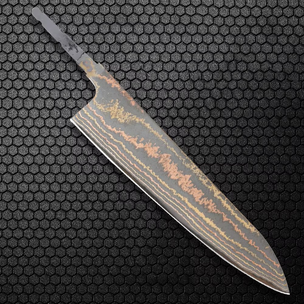 DIY Chef's Knife Blank, Handcrafted Copper Damascus Steel Blade Blank, Razor-Sharp Edge, Unhandled, Perfect for Custom Knife Kit