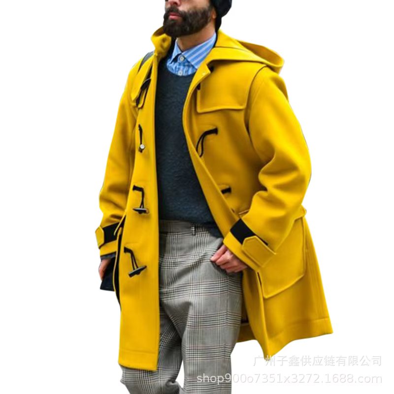 Woolen Coat Windbreaker Men's Solid Cape Button Hooded Tweed Overcoat Jacket 2021 Fashion Men's Slim Fit Long Coat Man Outwear