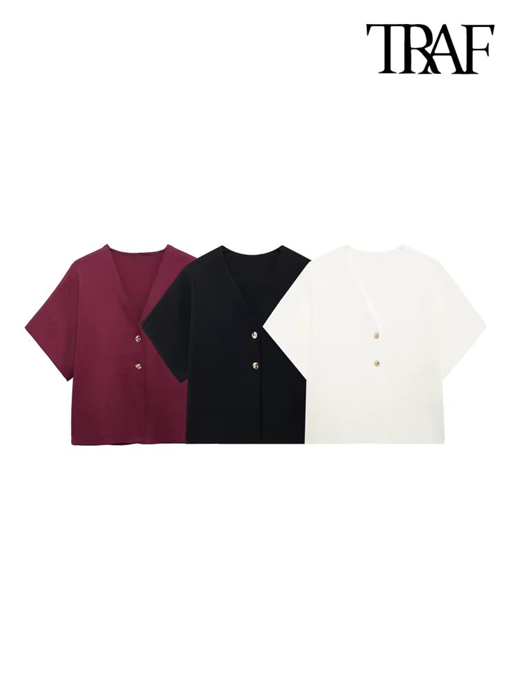 TRAF-Women's Front Golden Buttons Knit Cardigan Sweater, V Neck, Wide Short Sleeves, Female Outerwear, Chic Tops, Fashion